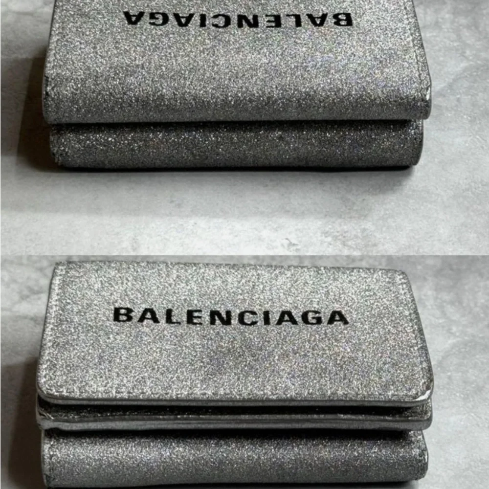 BALENCIAGA Silver/Gray Glitte Everyday Mini leather Wallet, EUC